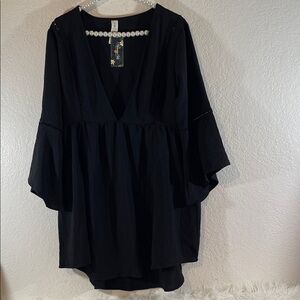 BLOOMING JELLY Boho Women's Size XL Black Bell Sleeve Dress Crochet Trim V-Neck